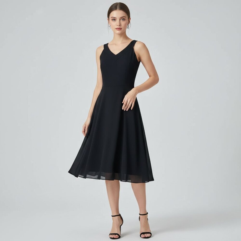 SAKS FIFTH AVENUE Sleeveless Casual Summer Vneck Workwear Fit Fare Black Dress